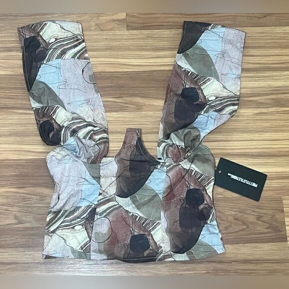 Pretty Little Thing Beige Woven Abstract Print Cross Over Zip Top Size 4 - Picture 3 of 7